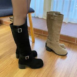 [하프클럽/]롱숏폴드스웨이드부츠 투웨이 통굽 벨트 미들 하프 여성 발편한