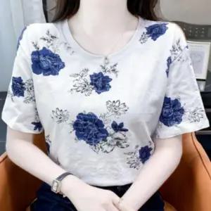 여성 여름 데일리 장미 입체 패턴 반팔 티셔츠 코디 간절기티 스판티 면티 넉넉한 반팔 셔츠 여름 여자티