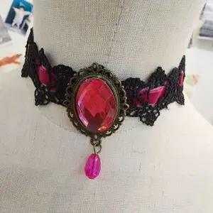핑크 레이스 벨벳 초커 북유럽풍 검정 할로윈 파티 초커 넥 큐빅