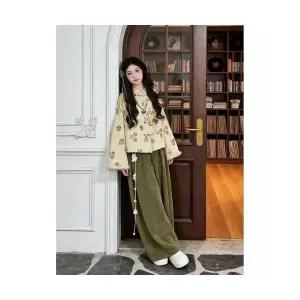 겨울 여자정장세트 한 벌 빅사이즈 패딩 코트 그린 와이드 바지 빈티지 세트 ible4