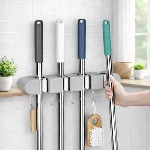 러빙랩 무타공 다용도 청소도구걸이 벌레 마대 밀대 거치대 접착식 4구5고리