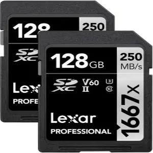 렉사 128GB(2팩) 프로페셔널 1667x SD 카드 UHS-II C10 U3 V60 풀 HD 4K 최대 250MB/s 읽기 SDXC 메모리