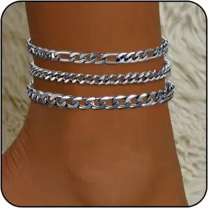 여성용 핀추안 실버 발목 팔찌 방수 스테인리스 스틸 발찌 조절 가능 레이어드 쿠바 세트 여름 해변 발