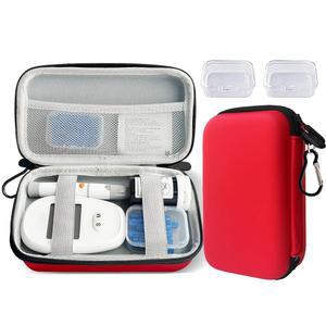 티날라트 용품 여행용 케이스 검사 스트립 랜싯 랜싱 장치 작은 투명 상자 2개와 클라이밍 버클 1개만 있는 휴대용 모니터 빨간색