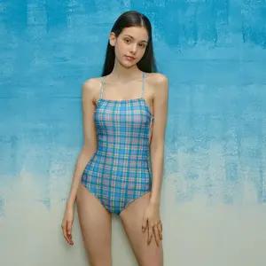 상큼한 섹시 블루 핑크 체크 인스타 끈 원피스 틱톡 실내 여성 학생 선물 해외여행 허니문