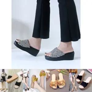 국산 체크 상굽 쿠션 이중창 여성 사무실 슬리퍼/통굽 키높이 웨지 샌들 실내화 굽높은 여름