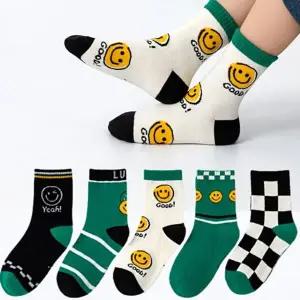 어린이 아동양말 그린체크스마일 중목 유아동양말 5족세트 4계절 면양말 어린이 양말