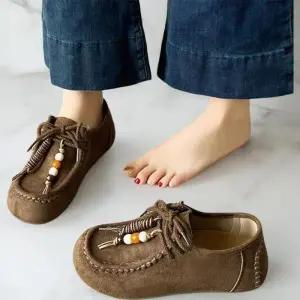 여성 스웨이드 매듭 보헤미안 스티치 플랫 슈즈