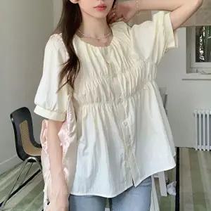 언발셔츠 노카라 셔링 플레어 셔츠 블라우스 캐주얼 데이트룩