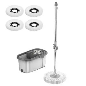 자동탈수 물걸레 청소기 세척 탈수통 +밀대봉+극세사걸레 4장+스텐 탈수통 L379