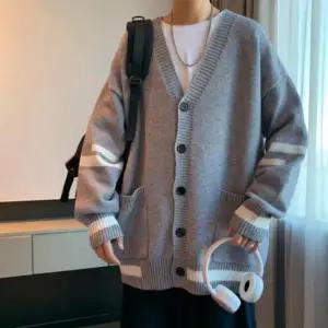 [콩심팥심]남성 오버핏 긴팔 브이넥 배색 심플 루즈핏 니트 가디건 가을가디건