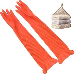Vsootal 3쌍 가정용 설거지용 엑스트라 롱 주방 장갑 20.05인치 고무 청소 재사용 가능한 라텍스 생활 세탁