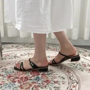 슬림 스트랩 오픈 토 로우힐 뮬 샌들 데일리 슈즈 6SS