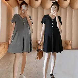 SIS-837 임부 쓰리 버튼 원피스브이넥단추 임산부미니 임부복 캐주얼