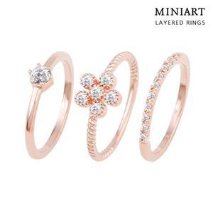 [미니아트]프린세스 큐빅 꽃 레이어드 링 반지 3종 세트
