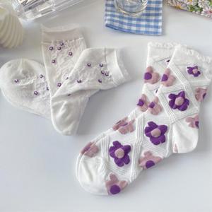 러블리 큐티 퍼플 보라 레이스 셔링 중목양말 5p 겨울철 간절기 스니커즈