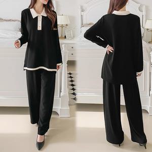 허밍퍼플 여성용 3635 ORE 카라 단추 세트 빅사이즈 상의 하의 긴팔 긴바지 세트 와이드핏 여성의류