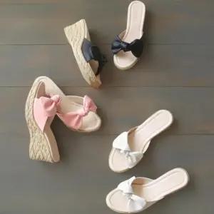 여성 리본 디자인 라탄 웨지힐 오픈토 키높이 슬리퍼