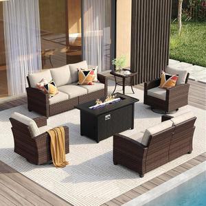 금속 불 구덩이 테이블이 있는 VICLAX 6피스 파티오 퍼니처 세트, 야외 대화 세트에는 3인용 소파, 러브시트, 회전식 의자 소파 2개와 사이드 테이블, 베이지 쿠션이 포함되어 있습니다