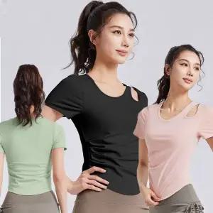 여성 운동 필라테스 헬스 운동 어깨펀칭 디자인 셔링 반팔 요가복 (WFK9037)