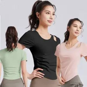 여성 운동 필라테스 헬스 운동 어깨펀칭 디자인 셔링 반팔 요가복 (WFK9037)