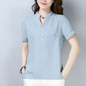 여성 반팔블라우스 브이넥 린넨셔츠 스트라이프 차이나카라 971