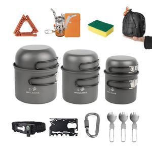 WAILAMHK 캠핑 조리기구 메시 키트, 배낭여행 17개, 가벼운 냄비 및 스토브 세트 3인용, 캠핑, 하이킹, 피크닉에 이상적인 야외