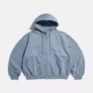 에스피오나지Ribbed Shoulder Zip-Up Hoodie Misty Blue