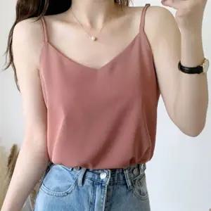 여성 티 핑크 여자 여름 슬리브리스 나시 끈 이너