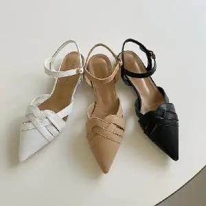 스틸레토 뾰족코 소가죽 발등 스트랩 꼬임 플랫 4fY