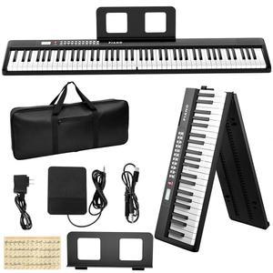 부인블루 일렉트로닉 피아노 키보드, 접이식 풀사이즈 88 키 디지털 피아노, 전원 어댑터, 페달, 악보 스탠드, 스티커, 가방, 초보자용, 블랙