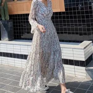 여성 플라워패턴 꽃무늬 하늘하늘 브이넥 롱 원피스 CHZ5+3awU