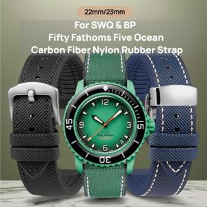 22mm 스와치 X 블랑팡 피프티 패덤 블루 플루오로고무 고무 시계 밴드 남성 여성 고급 나일론 FKM 스트랩