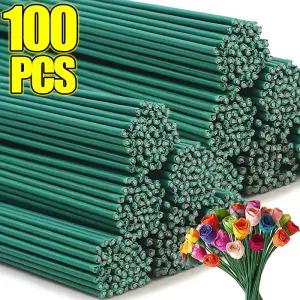 꽃철사 50-100개 그린 꽃 와이어 줄기 꽃다발 철 꽃꽂이 공예 파티 홈