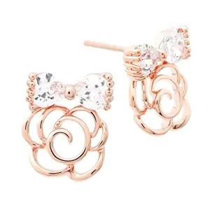 [미니아트]큐티로즈 14K 골드필드 핀 큐빅 리본 장미 꽃 로즈골드 일자침 귀걸이