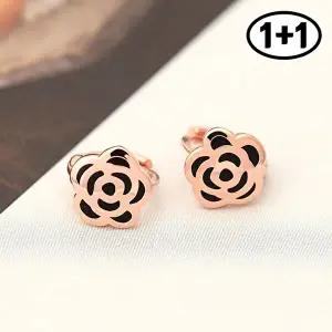 [미니아트][1+1] 블랙 로즈 14K 금침 로즈골드 귀찌 장미 꽃 데일리 링 피어싱