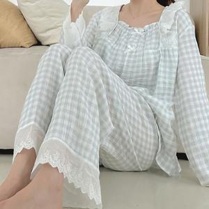 [디작소]여성 순면 스카이 감성 체크 투피스 잠옷