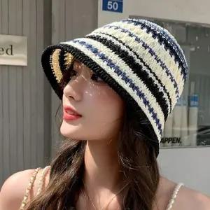 왕골모자 여성 4컬러 스트라이프 여름 니트펀칭 버킷햇 벙거지 밀짚모자