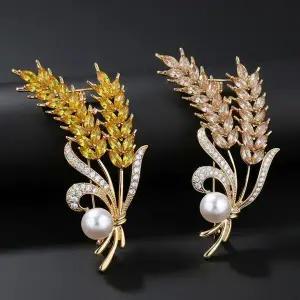 [하프클럽/]보리 잎사귀 쿠픽 골드지르코니아 패션브로치 진주 옷핀