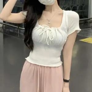 데이트 룩 여름 썸머 여자 니트 탑 스퀘어 넥 리본