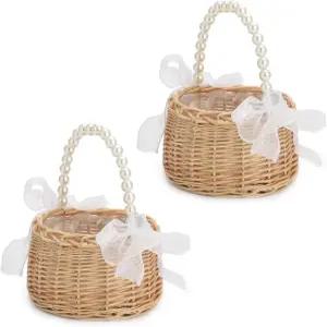위커 플라워 걸 바구니 2종 세트 진주 손잡이와 리본 활이 달린 소박한 우아한 웨딩 야외 피크닉 홈 장식용