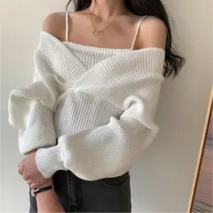 여리여리 베이직 일체형 데이트 끈 오프숄더 니트 긴팔티셔츠