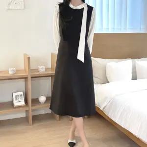 리본 배색소매 핀턱 플레어 롱원피스