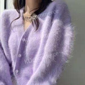 연보라 앙고라 가디건 루즈핏 진주 꽈배기 골지 긴팔 니트