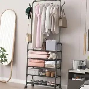 이동식 선반 행거 바퀴형 수납형 튼튼한 이동식 옷걸이 행거 다용도 철제 스틸 모자걸이 부직포 5단