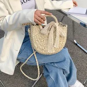 심플 왕골 라탄 토트백 크로스백 리본 장식 패션 가방