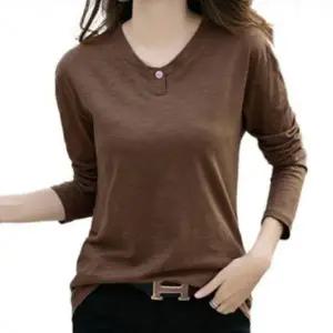 여성 여름 슬리브 긴팔 U넥 면 무지 단추 롱 티셔츠