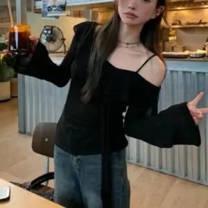 여성 원숄더 스트랩 슬림핏 오프숄더 프릴 긴팔 티셔츠