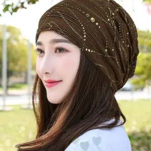 여성 통풍 망사 주름 장식 비즈 포인트 헤어 밴드 탈모 커버 실내 착용 두건 모자