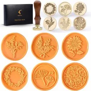 왁스 씰 스탬프 세트 황동 헤드 은행잎 디자인 손잡이 6가지로즈마리 1개 유칼립투스 6개 식물 나무 화환
